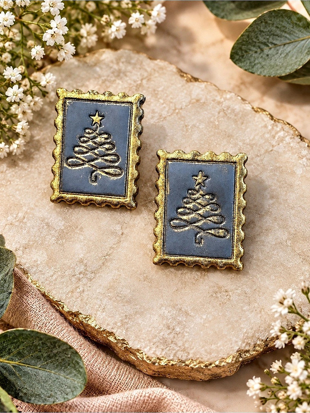 Rectangular Christmas Tree Handmade Polymer Clay Earrings in Gold & Gray